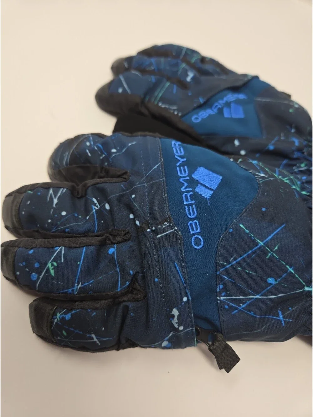 Obermeyer Teens L Winter Ski Gloves Wrist Length Blue Teal Zipper Pocket Lined